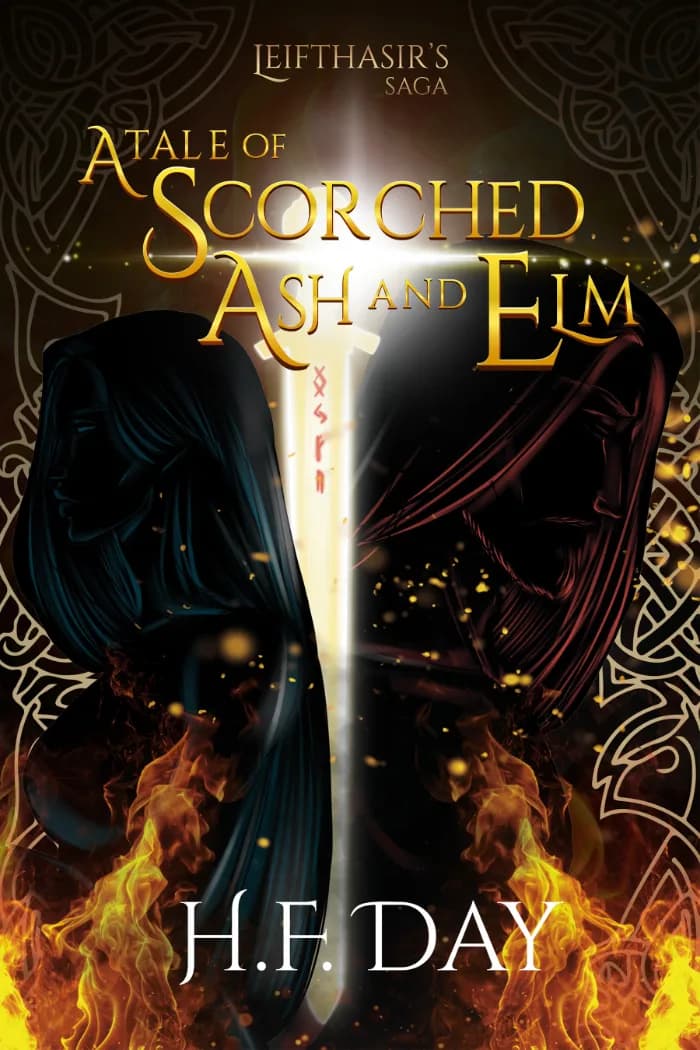 An Elf and a human stand back to back on a field of fire with a glowing sword between them and the text "A Tale of Scorched Ash and Elm" at the top