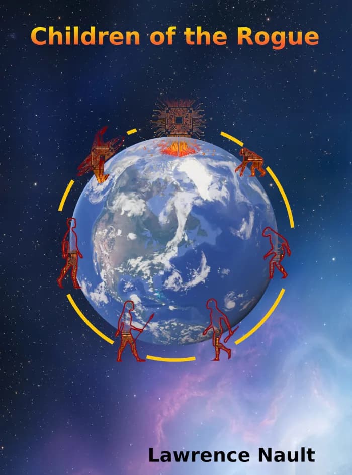 Book cover for Children of the Rogue by Lawrence Nault. Earth floats against a star-filled background, encircled by an evolutionary sequence of red-and-copper figures leading to a glowing computer chip connected to the planet by circuitry.
