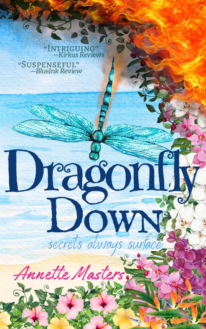 Tropical flowers bloom on a remote island, some engulfed in flames, as a dragonfly plummets into the sea.