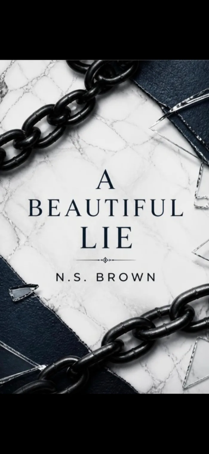 White marble background, 2 chains, on on top, one at the bottom, sides dark blue leather, in the middle it says A Beautiful Lie N.S. Brown