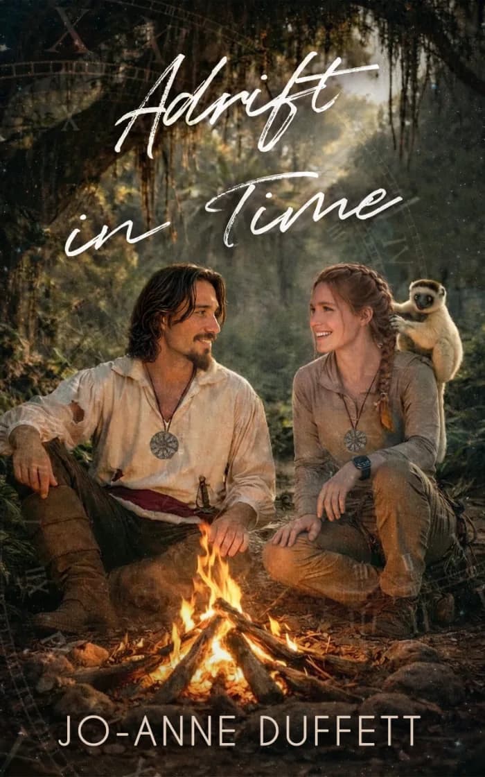 A 17th century man and a modern woman sitting behind a fire. A lemur is on her shoulder.