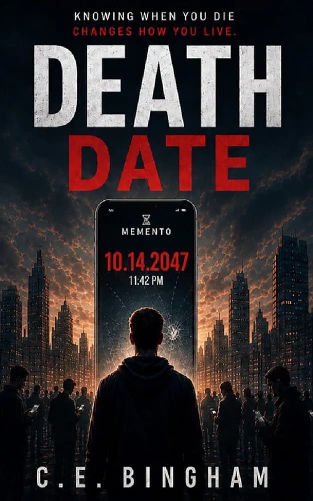 A dark, cinematic book cover for Death Date by C. E. Bingham. A glowing smartphone displays a death-date countdown above silhouetted figures, with an ominous red-and-black cityscape in the background. The title “DEATH DATE” appears prominently at the top.