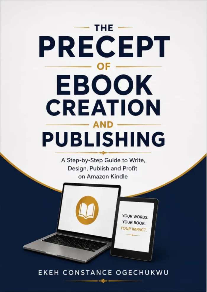 The book cover for The Precept of E-Book Creation and Publishing has a clean, professional, and modern appearance, designed to communicate the idea of digital book creation and publishing.
Cover description
Title: The main title, “THE PRECEPT OF EBOOK CREATION AND PUBLISHING,” is displayed promi