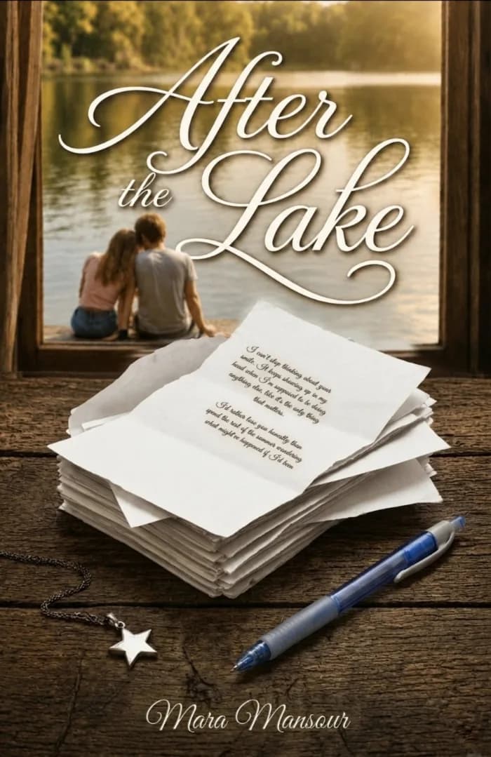 Stack of handwritten letters on a desk by a window. A star shaped pendant and necklace next to the letters.
Through the window, a young couple sit looking out at a lake on a sunny afternoon.
