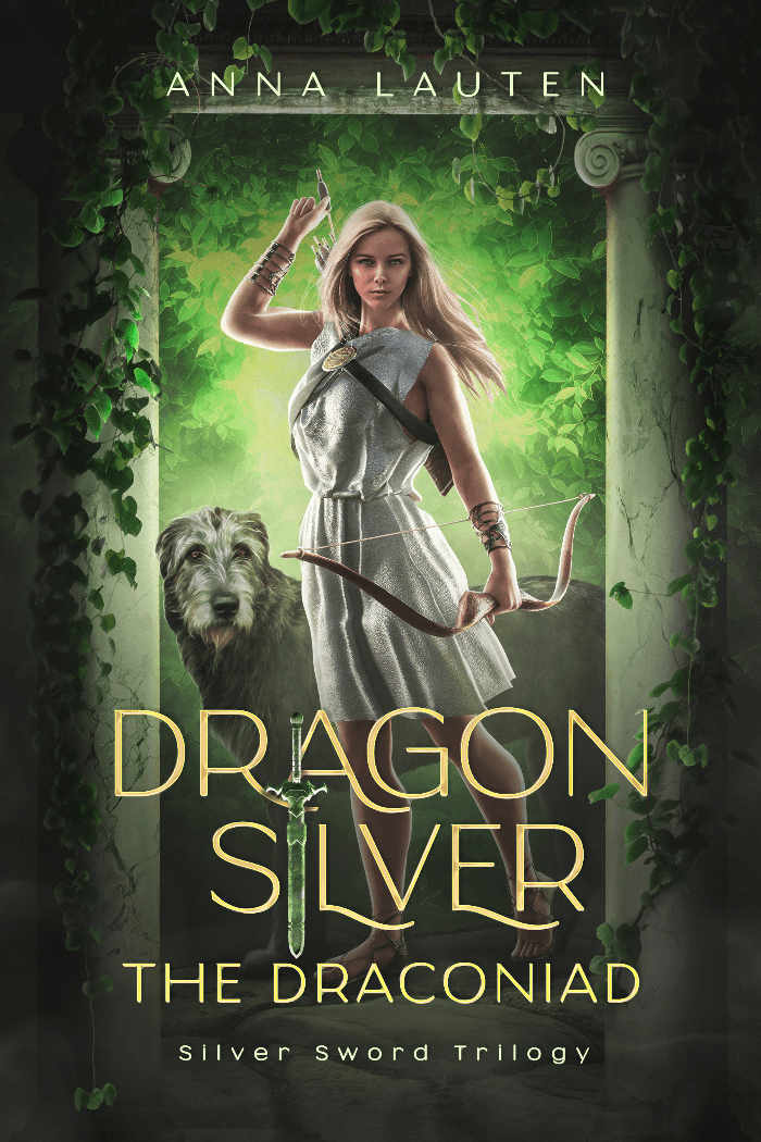 A blond woman is drawing an arrow. The looks toward you, a wolfhound by her side.