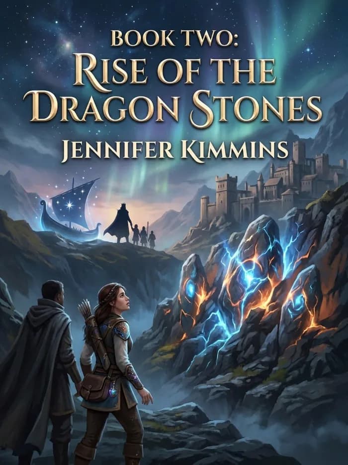 Set against a starry sky and glowing auroras, BOOK TWO: RISE OF THE DRAGON STONES by Jennifer Kimmins features two cloaked travelers looking at cracked, glowing rune-stones crackling with blue and orange energy along a rugged mountain cliff.