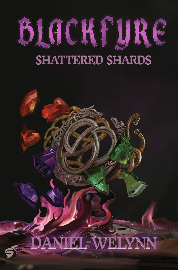 The cover of BLACKFYRE: SHATTERED SHARDS uses a dark gothic-fantasy design with a nearly black background and purple haze. The ornate Wayfairer sits at the center, surrounded by shattered red, purple, and green crystals, while vivid pink-violet BlackFyre burns beneath it. Distressed purple lettering