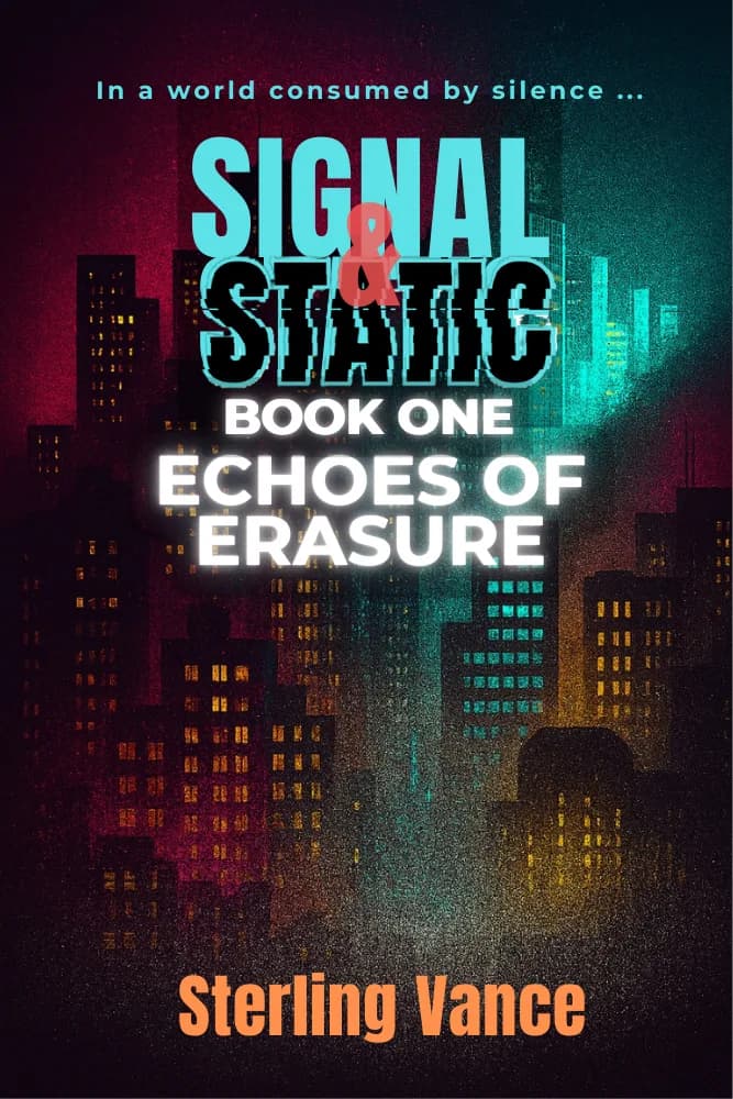 A moody cyberpunk cityscape dominates the composition — a dense skyline of skyscrapers rendered in silhouette, their windows glowing in scattered patches of amber and cyan. The color palette splits the image diagonally: deep magenta/crimson bleeds in from the left, while cool teal and cyan light was