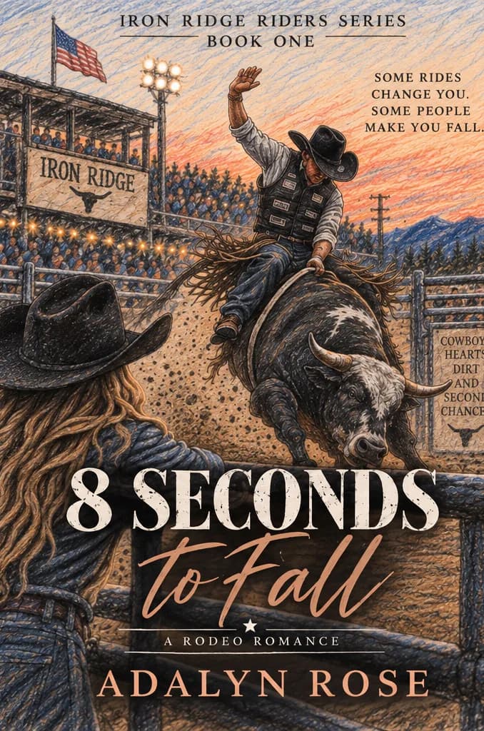 A hand-drawn Western romance cover featuring a cowboy riding a bucking bull in a rodeo arena, surrounded by warm sunset tones, dust, and rugged Western scenery. The illustrated style gives it a romantic, rustic feel while emphasizing the book’s professional bull-riding theme. The title “8 Seconds to