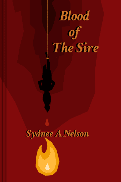 A black silhouette hangs upside down from a golden chain around her ankle, dangling over a flame against a deep red background.